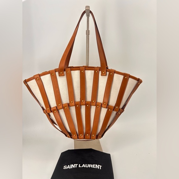 Saint Laurent Beatrix Panier Cut Out Tote Canvas with Leather New +dustbag *read - Picture 5 of 16